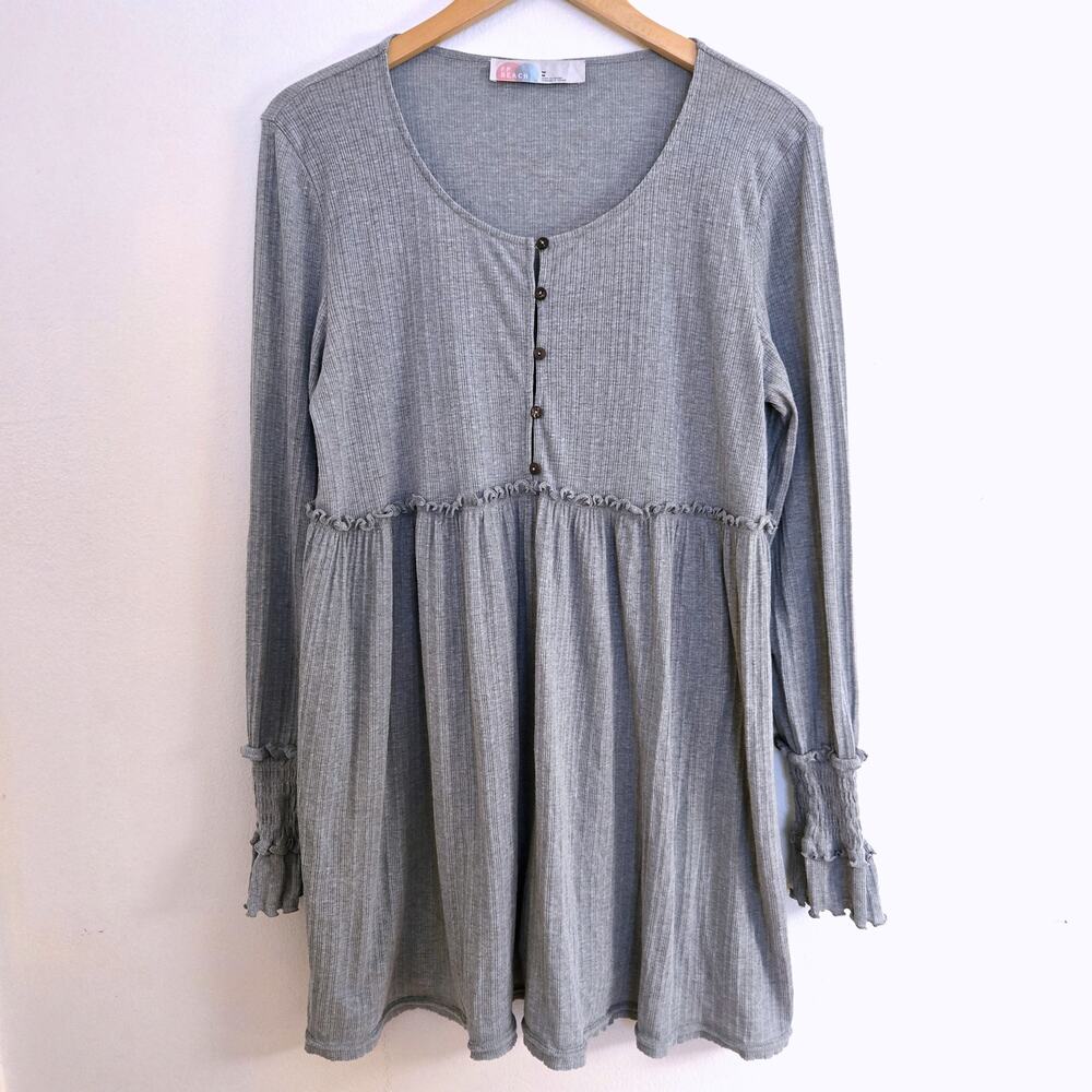 Free People FP Beach Ribbed Babydoll Mini Dress Grey Size M Long Sleeve - Picture 2 of 9